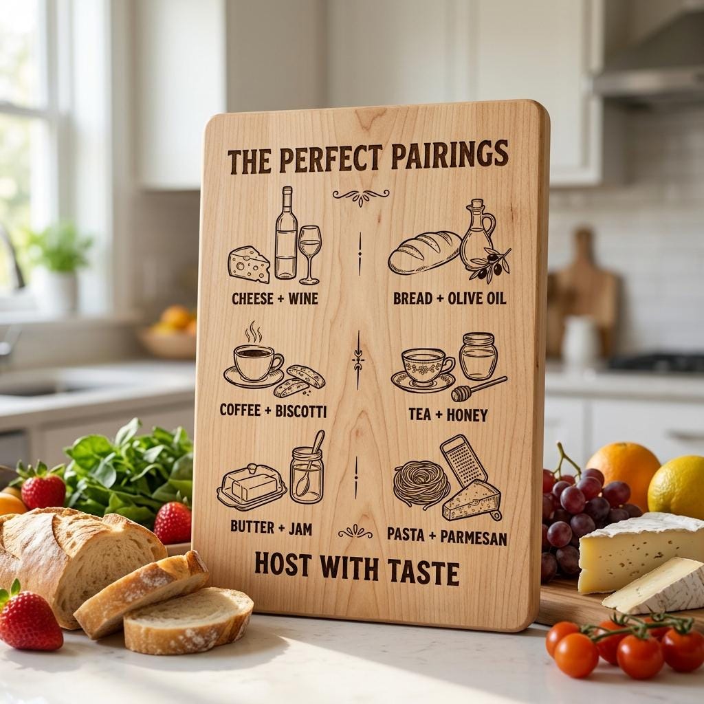 Vintage Pairing Chart, Charcuterie Board Engraving, Kitchen Hosting Guide