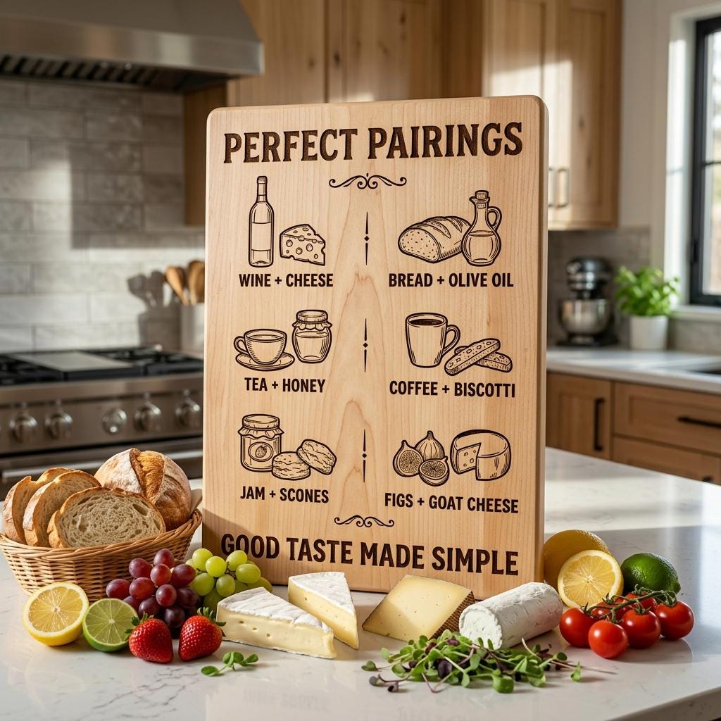 Vintage Pairing Chart, Charcuterie Board Engraving, Kitchen Hosting Guide