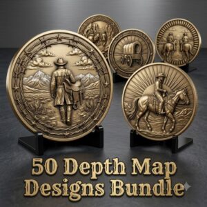 Western Cowboy Coin Engraving, Laser Depth Map, Bronze Relief Landscapes