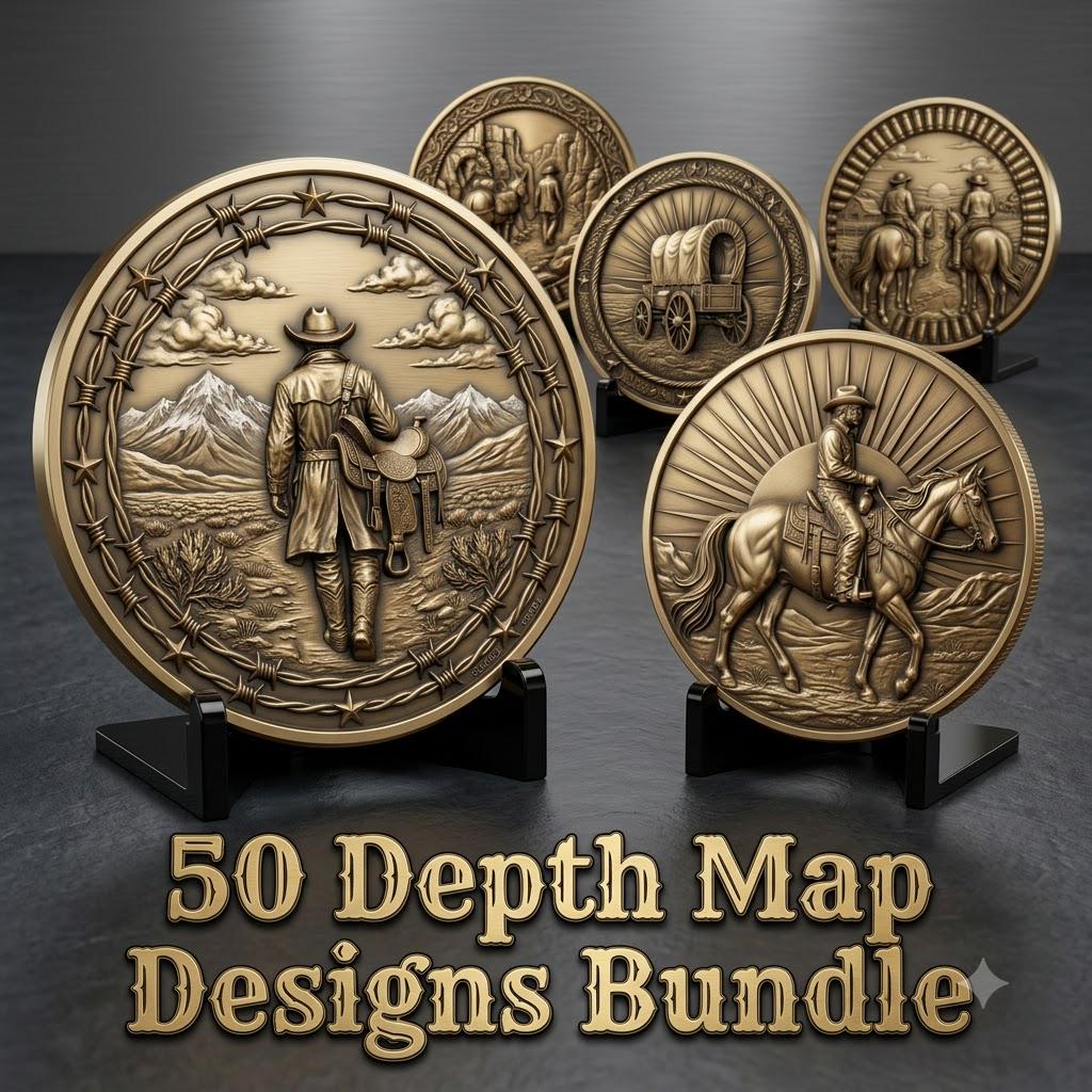 Western Cowboy Coin Engraving, Laser Depth Map, Bronze Relief Landscapes