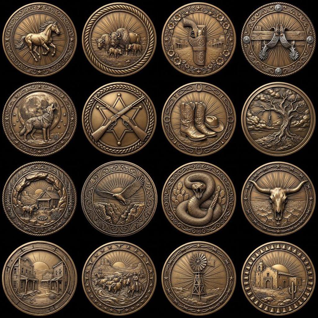 Western Cowboy Coin Engraving, Laser Depth Map, Bronze Relief Landscapes