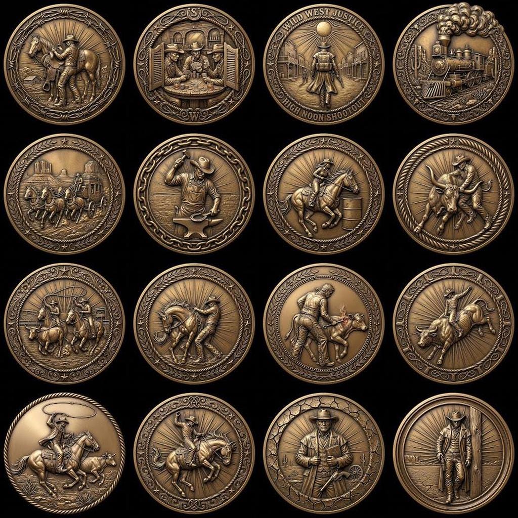 Western Cowboy Coin Engraving, Laser Depth Map, Bronze Relief Landscapes