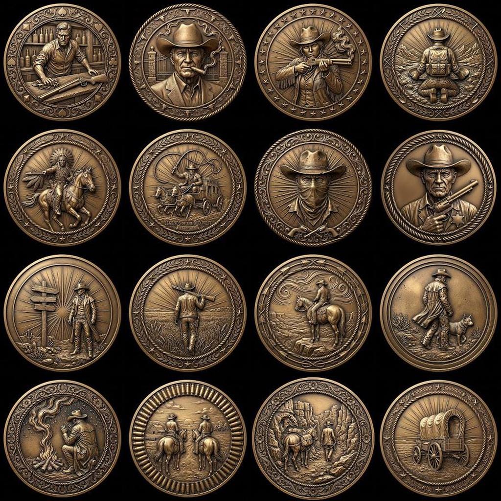 Western Cowboy Coin Engraving, Laser Depth Map, Bronze Relief Landscapes