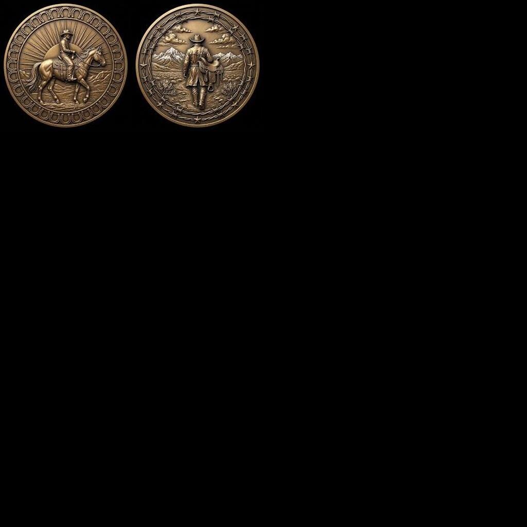 Western Cowboy Coin Engraving, Laser Depth Map, Bronze Relief Landscapes