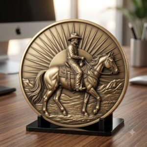 Western Cowboy Coin Engraving, Laser Depth Map, Bronze Relief Landscapes