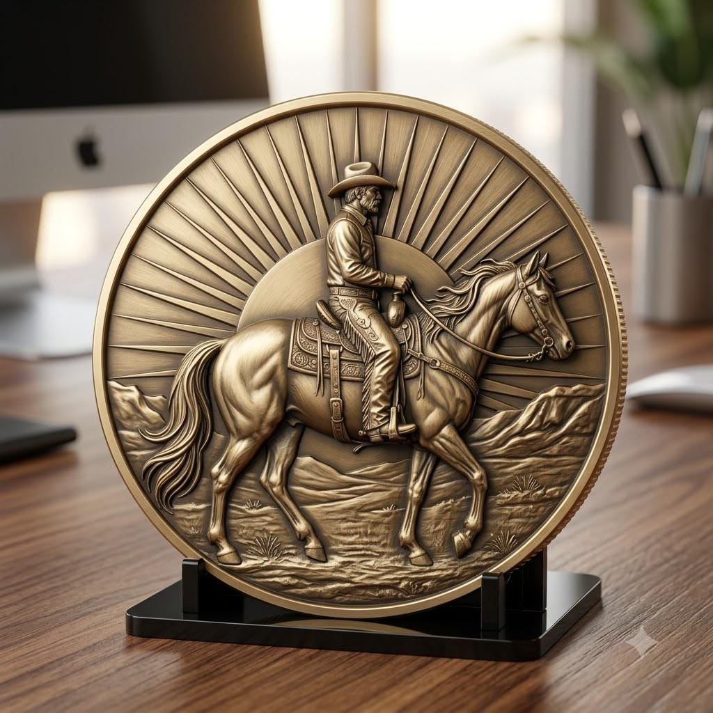 Western Cowboy Coin Engraving, Laser Depth Map, Bronze Relief Landscapes