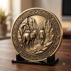 Western Cowboy Coin Engraving, Laser Depth Map, Bronze Relief Landscapes