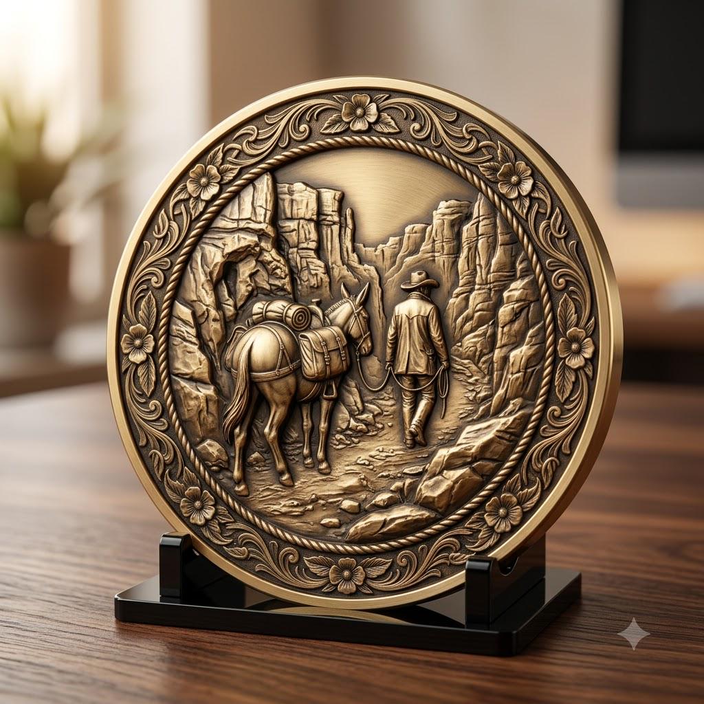 Western Cowboy Coin Engraving, Laser Depth Map, Bronze Relief Landscapes