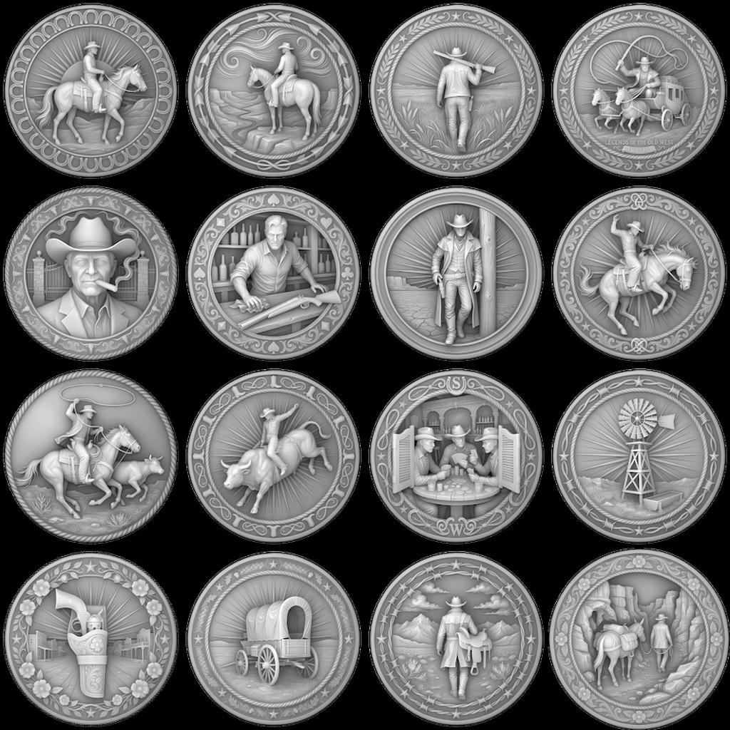 Western Cowboy Coin Engraving, Laser Depth Map, Bronze Relief Landscapes