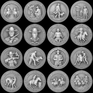 Western Cowboy Coin Engraving, Laser Depth Map, Bronze Relief Landscapes