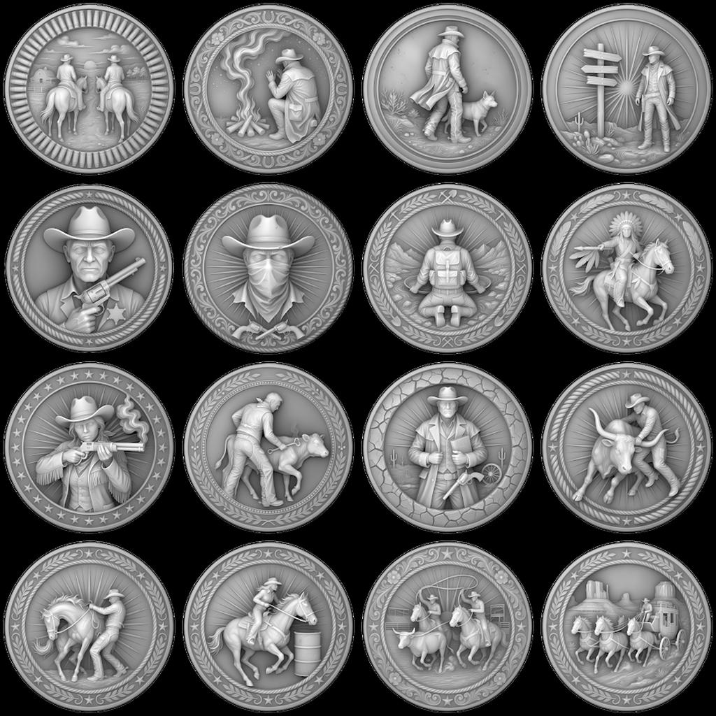Western Cowboy Coin Engraving, Laser Depth Map, Bronze Relief Landscapes