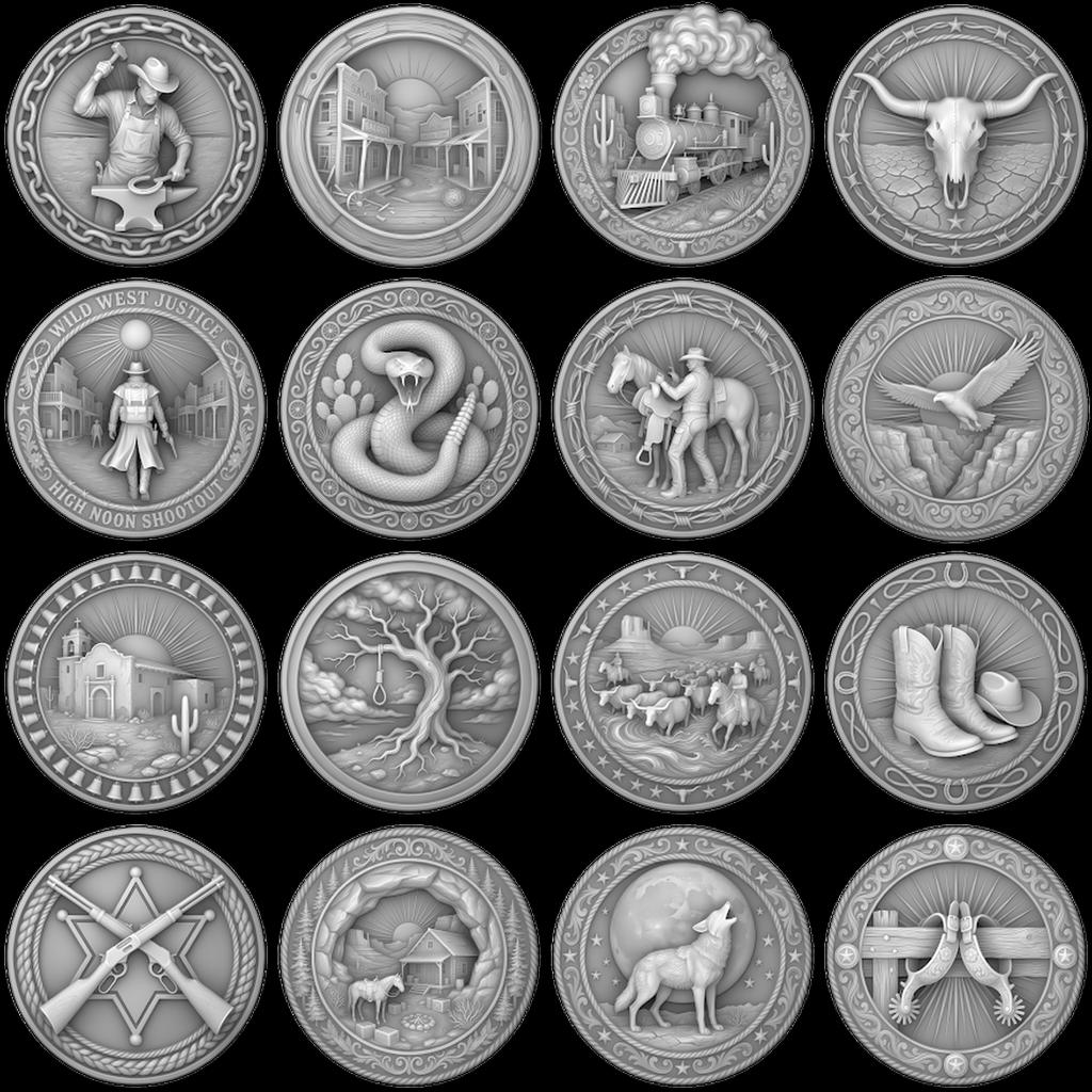 Western Cowboy Coin Engraving, Laser Depth Map, Bronze Relief Landscapes