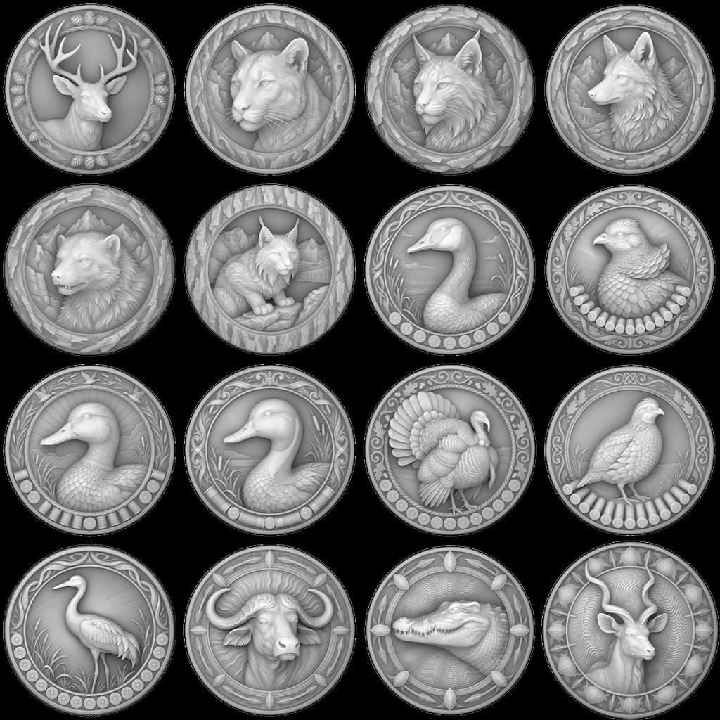 Wildlife Coin Depth Map for Laser Engraving, High Relief Bird PNG Bundle
