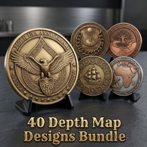 1776 Anniversary Challenge Coin Depth Map, Relief Engraving File, Vintage Crest