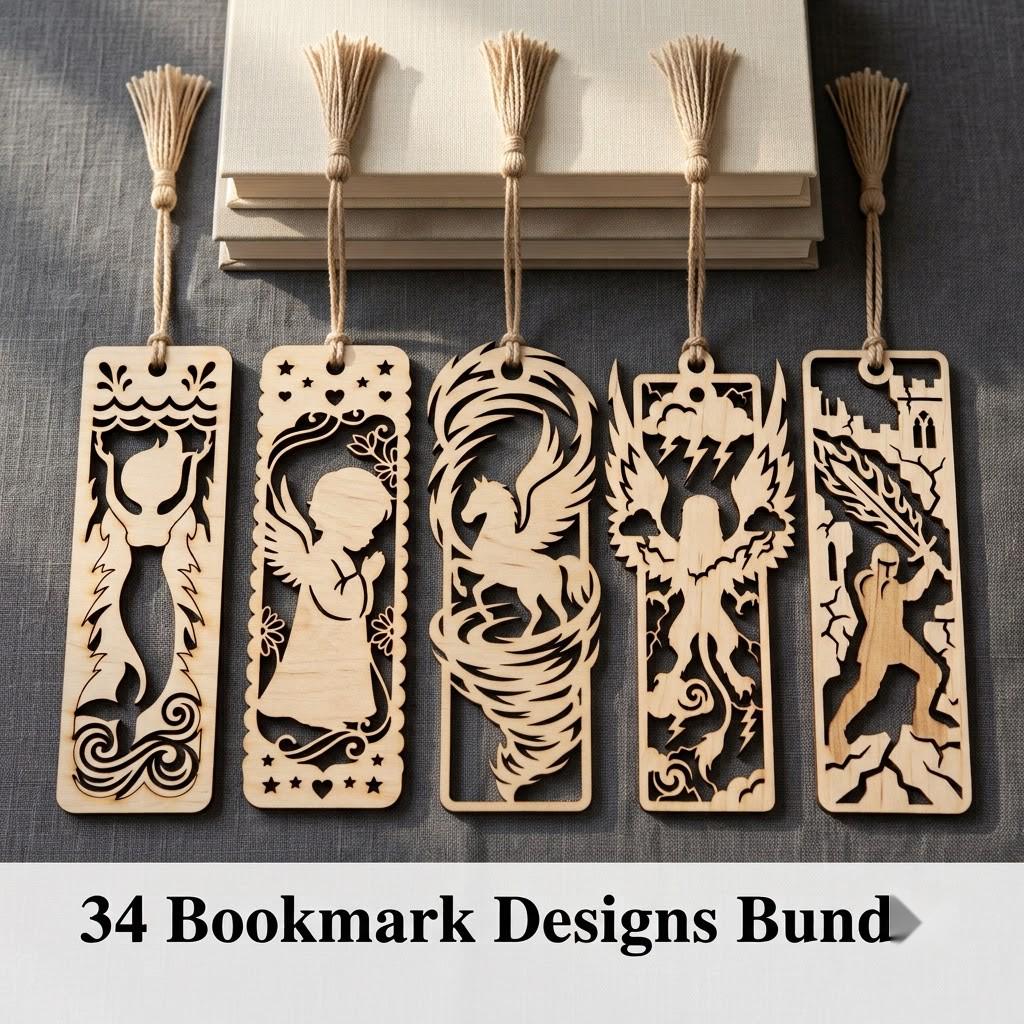 34 Mystical Fantasy Bookmarks, Dragon Phoenix Laser Wood Engrave Bundle