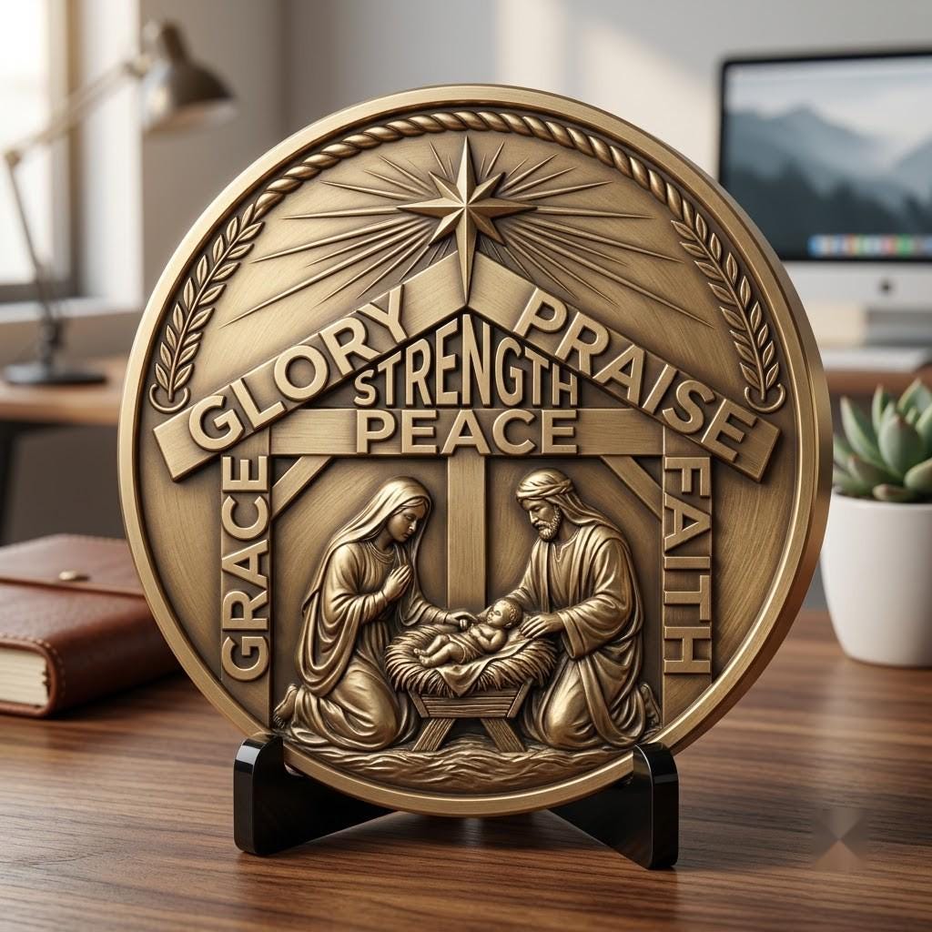 3D Christian Challenge Coin, Jesus Nativity Relief Depth Map Laser Design