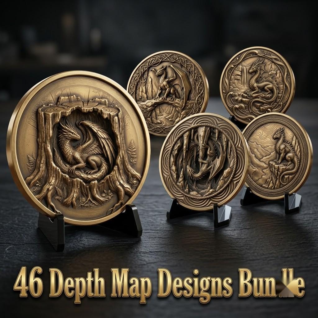 3D Dragon Relief PNG, Mountain Forest Art, Challenge Coin Laser File Bundle