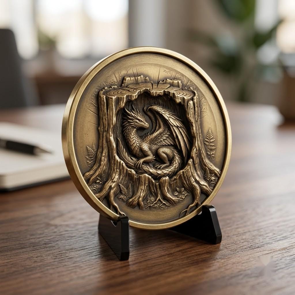 3D Dragon Relief PNG, Mountain Forest Art, Challenge Coin Laser File Bundle