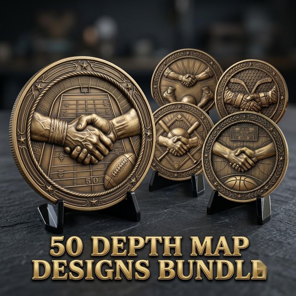 50 Challenge Coin Depth Map Files, 3D Relief Laser Bundle, Sportsmanship PNG