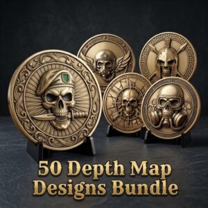 50 Tactical Skull Challenge Coin 3D Relief PNGs, Laser Engraving Depth Maps