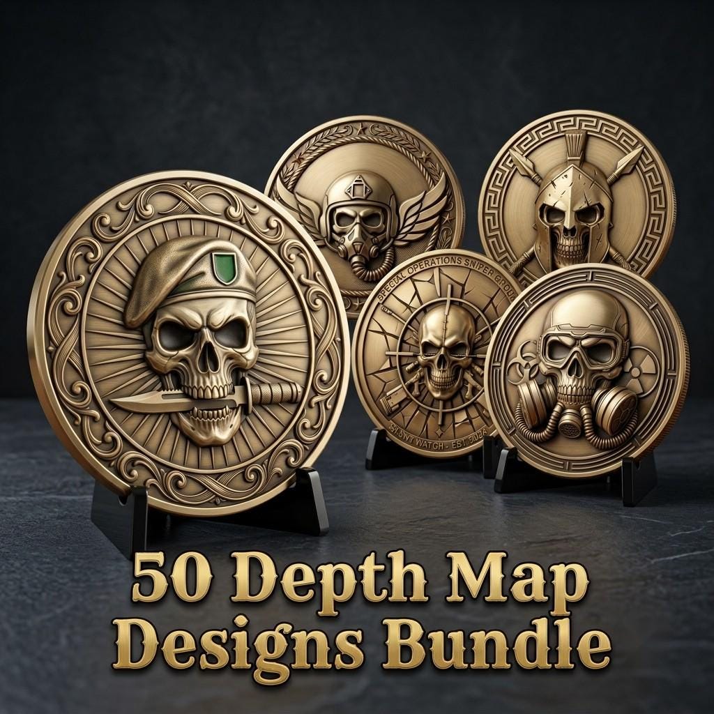 50 Tactical Skull Challenge Coin 3D Relief PNGs, Laser Engraving Depth Maps