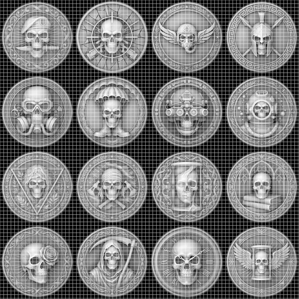 50 Tactical Skull Challenge Coin 3D Relief PNGs, Laser Engraving Depth Maps