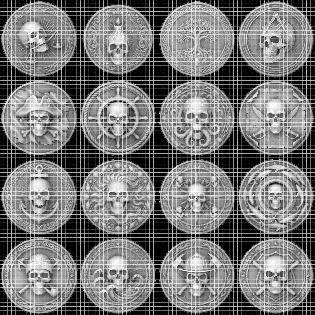 50 Tactical Skull Challenge Coin 3D Relief PNGs, Laser Engraving Depth Maps