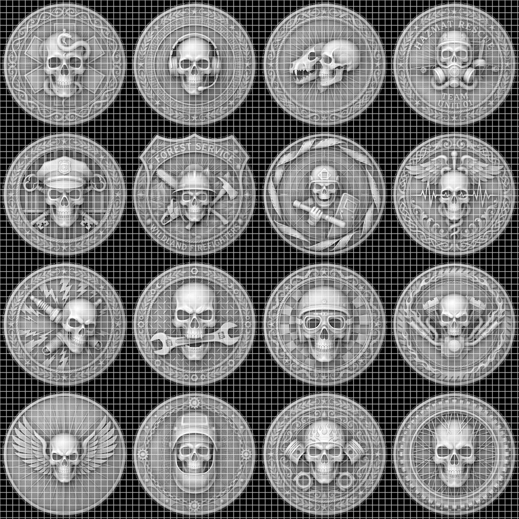 50 Tactical Skull Challenge Coin 3D Relief PNGs, Laser Engraving Depth Maps