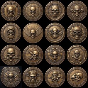 50 Tactical Skull Challenge Coin 3D Relief PNGs, Laser Engraving Depth Maps