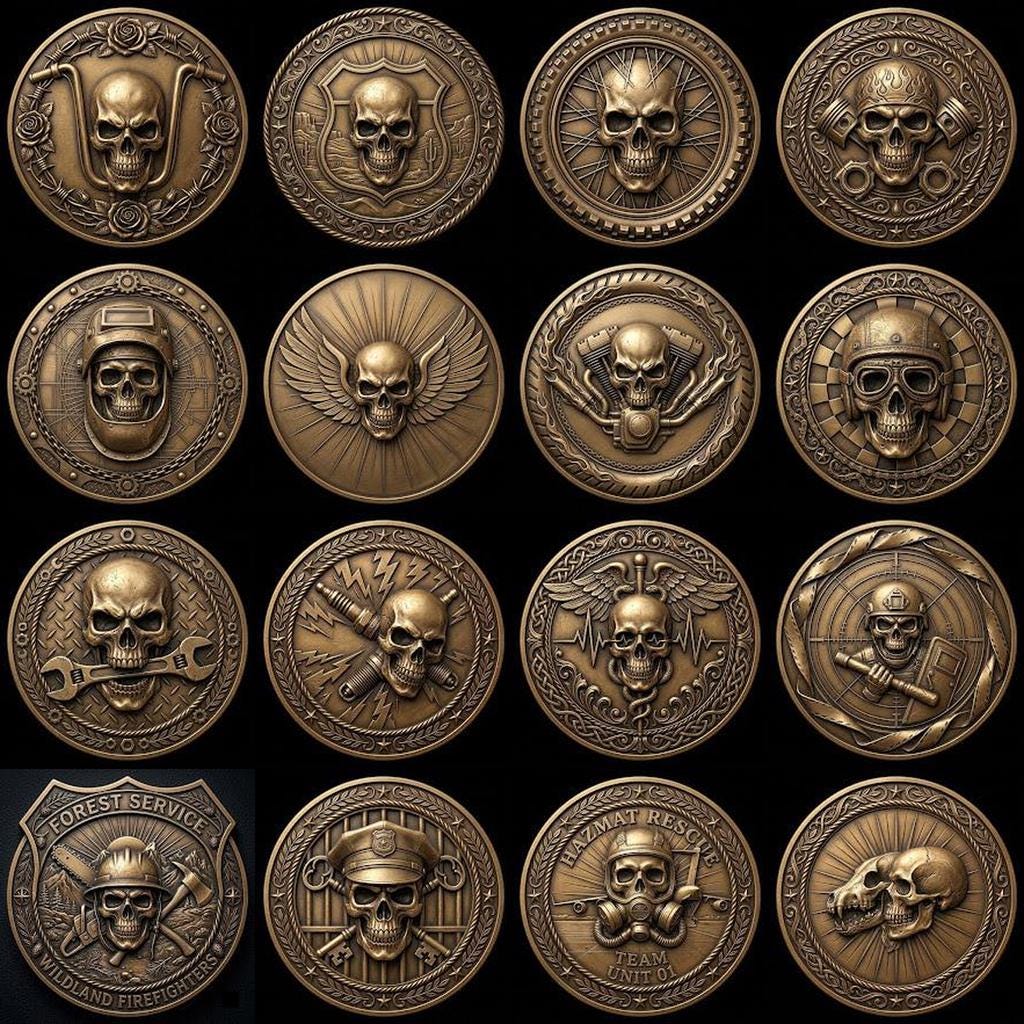 50 Tactical Skull Challenge Coin 3D Relief PNGs, Laser Engraving Depth Maps