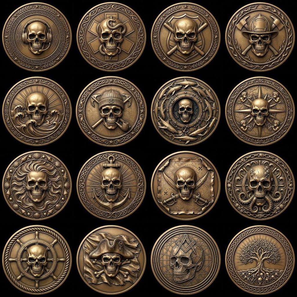 50 Tactical Skull Challenge Coin 3D Relief PNGs, Laser Engraving Depth Maps