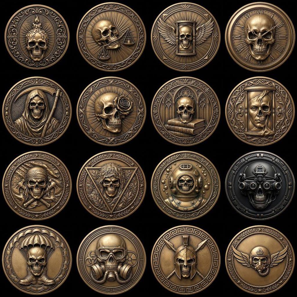 50 Tactical Skull Challenge Coin 3D Relief PNGs, Laser Engraving Depth Maps
