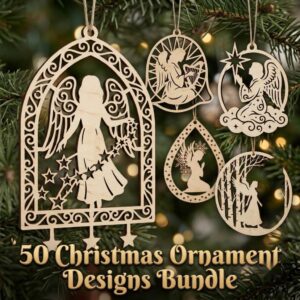 Angel Ornament SVG Bundle, Laser Cut Christmas Baubles, Celestial Moon And Stars, Heavenly Night Sky, 50 Wood Decor Designs