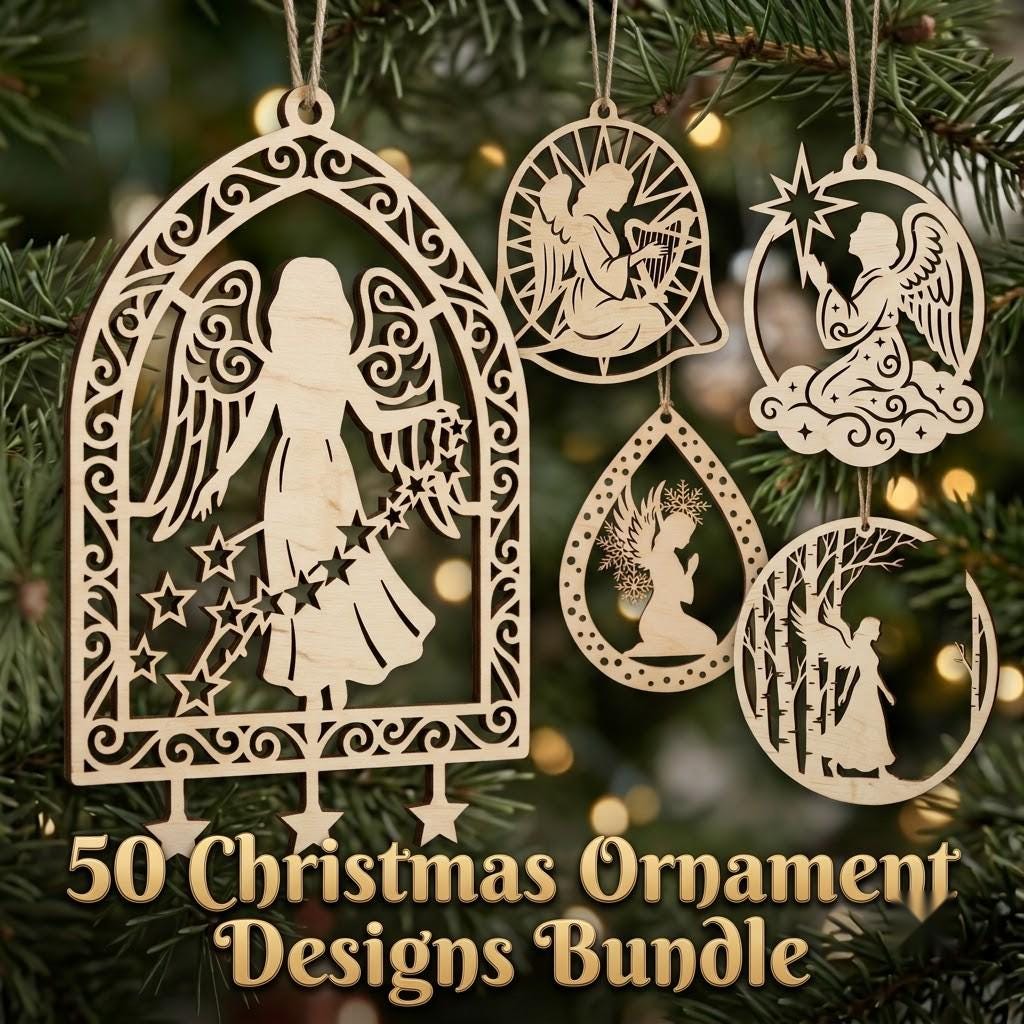 Angel Ornament SVG Bundle, Laser Cut Christmas Baubles, Celestial Moon And Stars, Heavenly Night Sky, 50 Wood Decor Designs