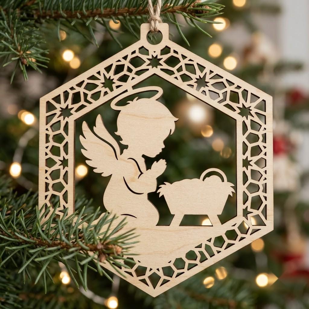 Baby Angel Nativity Ornament, Praying Cherub Manger Scene, Christian Christmas Decor