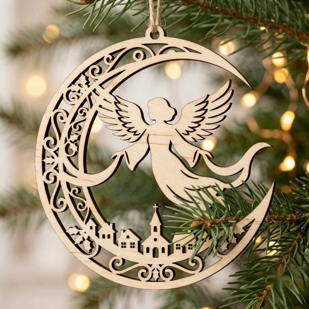 Celestial Angel Christmas Ornament, Laser Heavenly Moon and Stars Decor