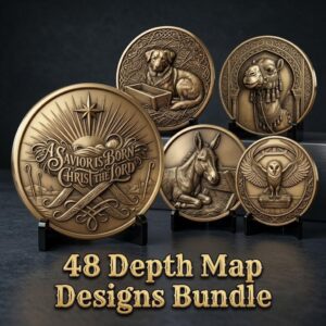 Christian Nativity Coin Depth Map, Manger Animals Relief for Laser Engraving