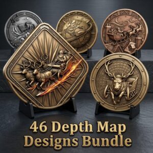 Christmas Depth Map, Santa Sleigh Relief PNG, Coin Engraving Bundle