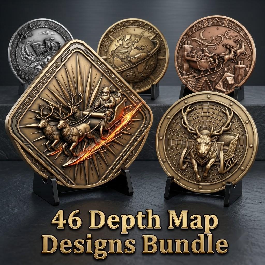 Christmas Depth Map, Santa Sleigh Relief PNG, Coin Engraving Bundle