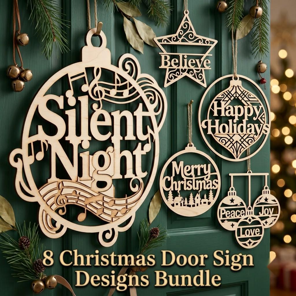 Christmas Door Hanger Bundle, Giant Tree Ornaments, 8 Wood Greeting Designs