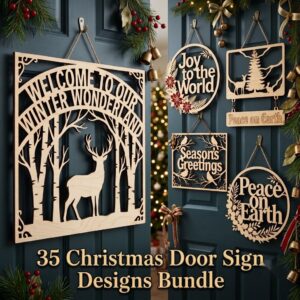 Christmas Door Hanger Sign, 3D Winter Forest Cabin Art