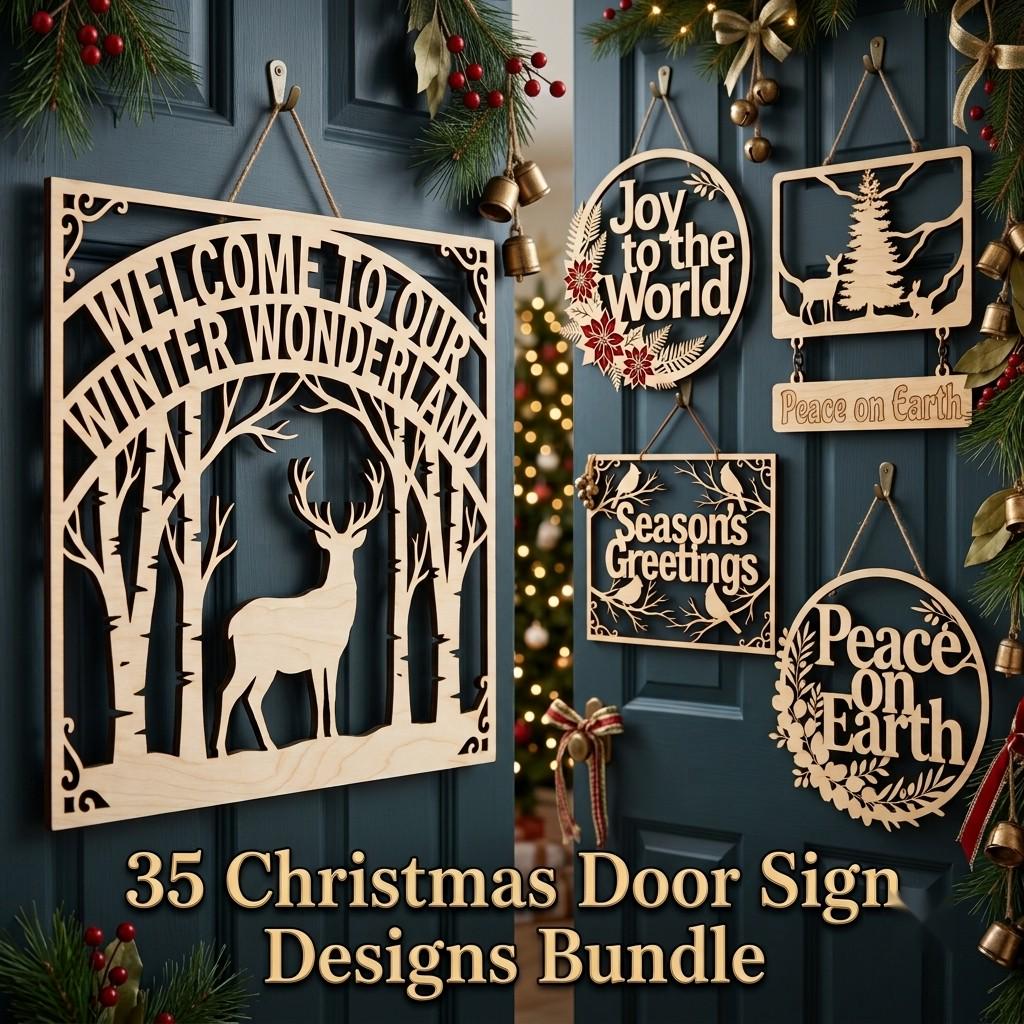 Christmas Door Hanger Sign, 3D Winter Forest Cabin Art