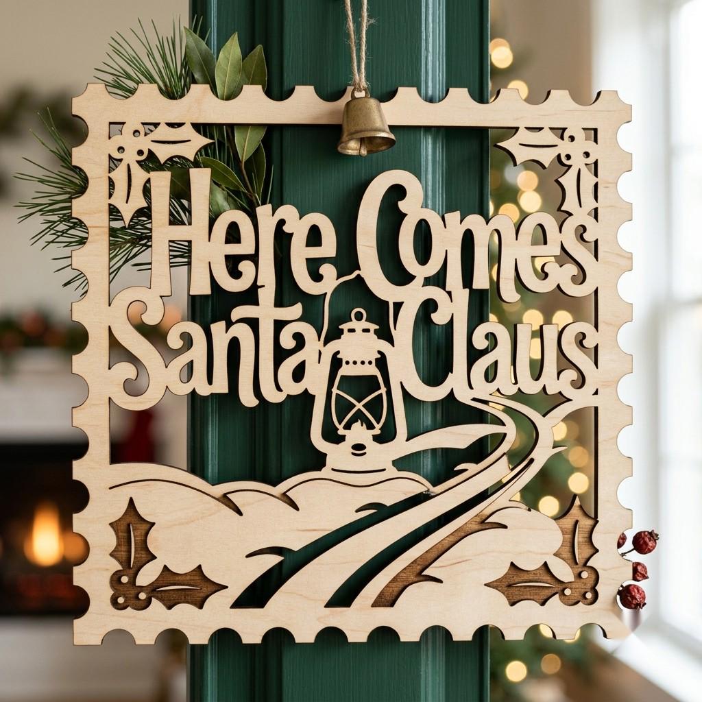 Christmas Door Hanger Sign, 3D Winter Forest Cabin Art