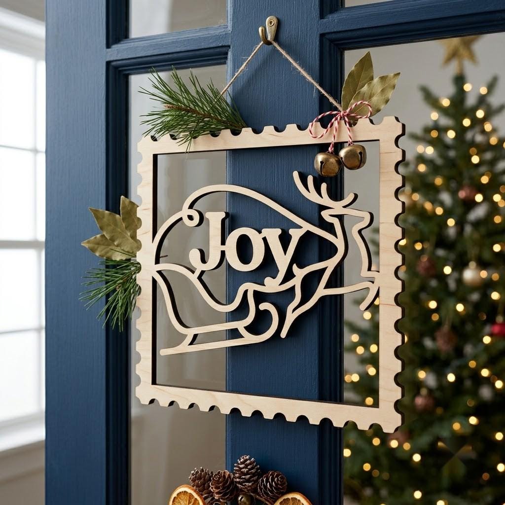 Christmas Door Hanger Sign, 3D Winter Forest Cabin Art