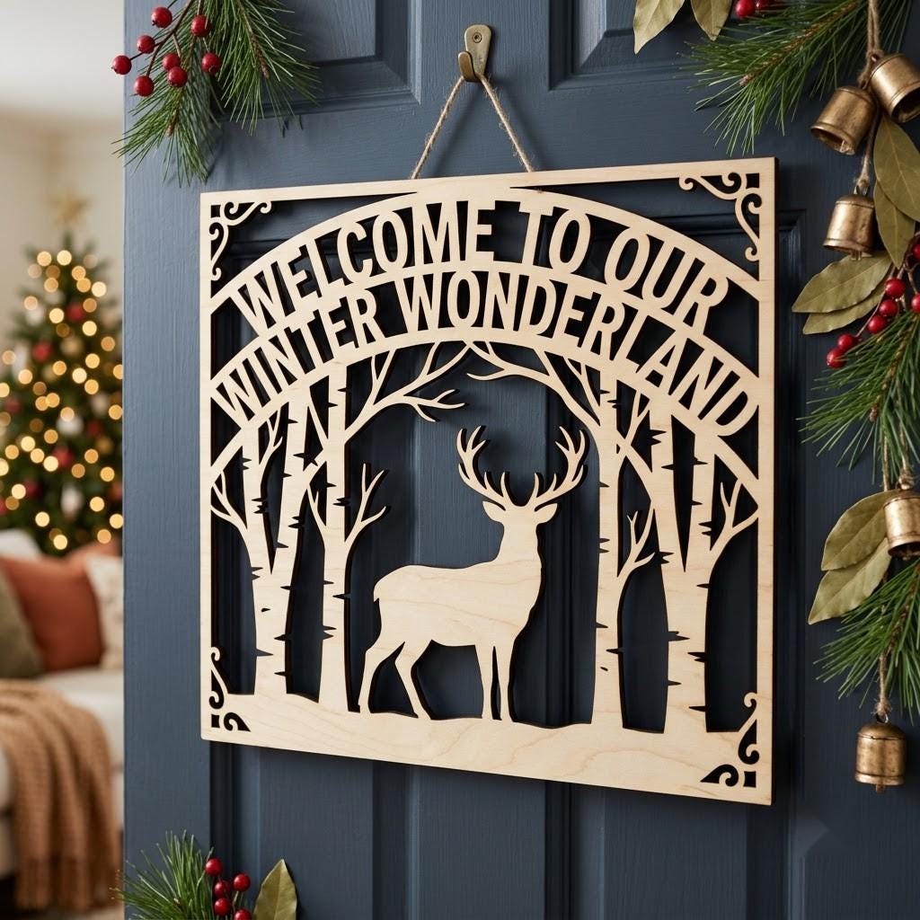 Christmas Door Hanger Sign, 3D Winter Forest Cabin Art