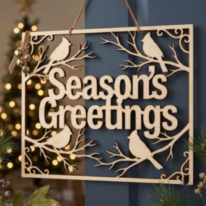 Christmas Door Hanger Sign, 3D Winter Forest Cabin Art