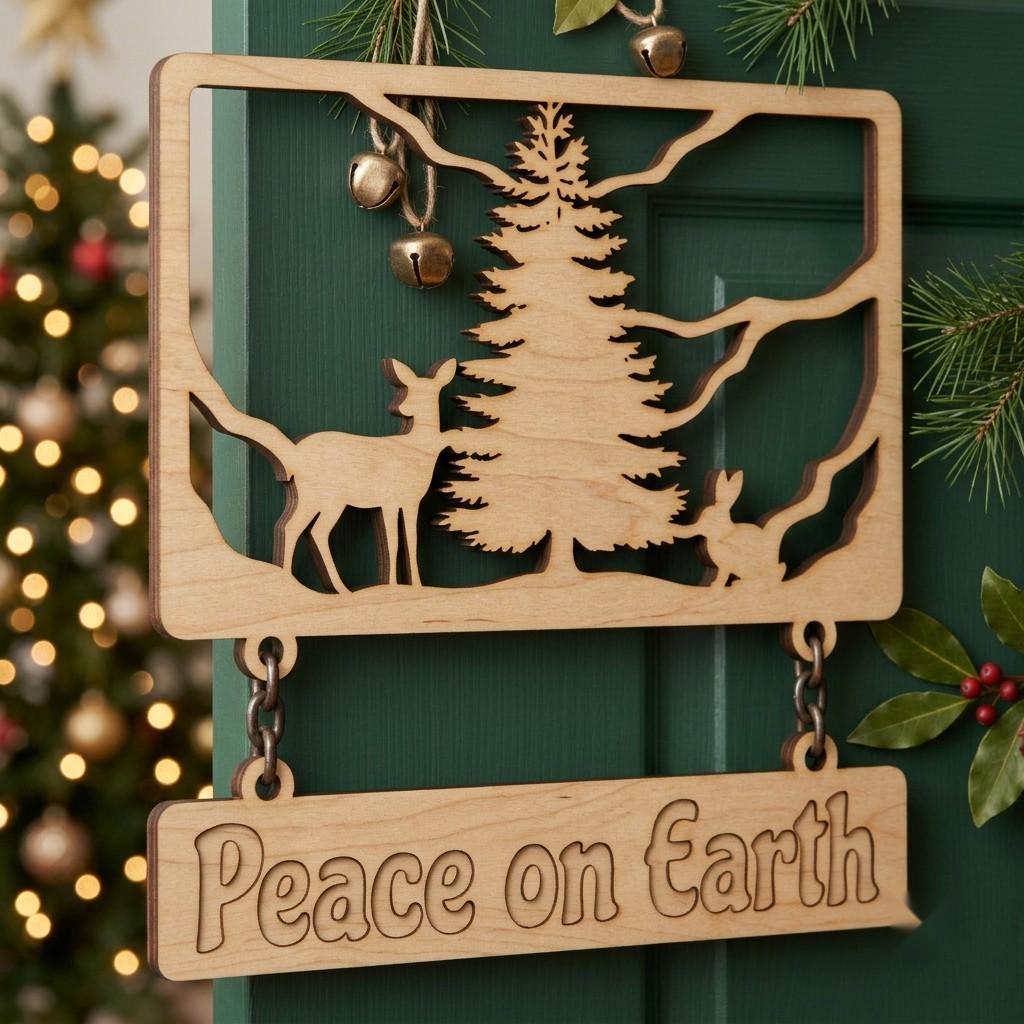 Christmas Door Hanger Sign, 3D Winter Forest Cabin Art