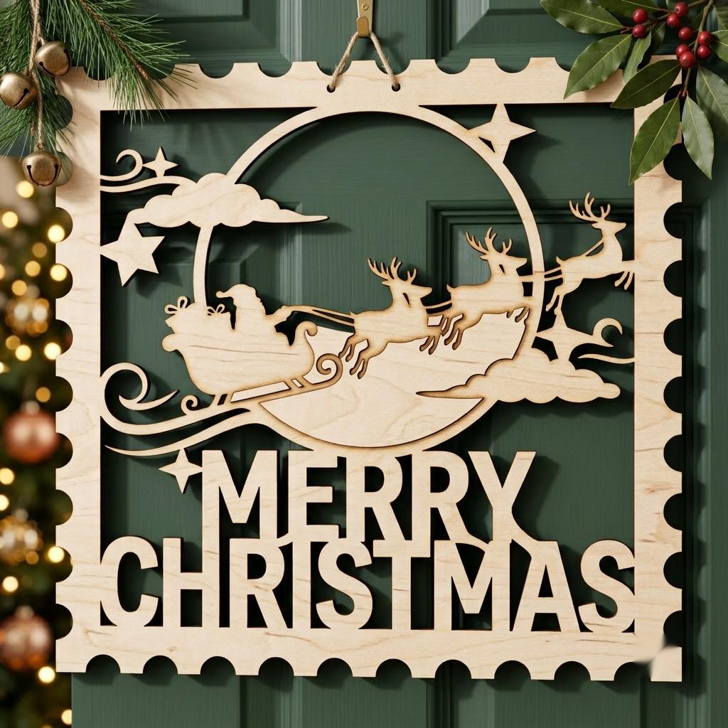 Christmas Door Hanger Sign, 3D Winter Forest Cabin Art