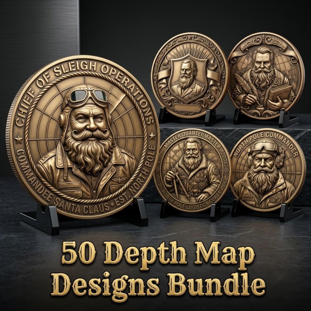 Christmas Engraving Challenge Coin, Santa Laser Relief File, North Pole Bundle