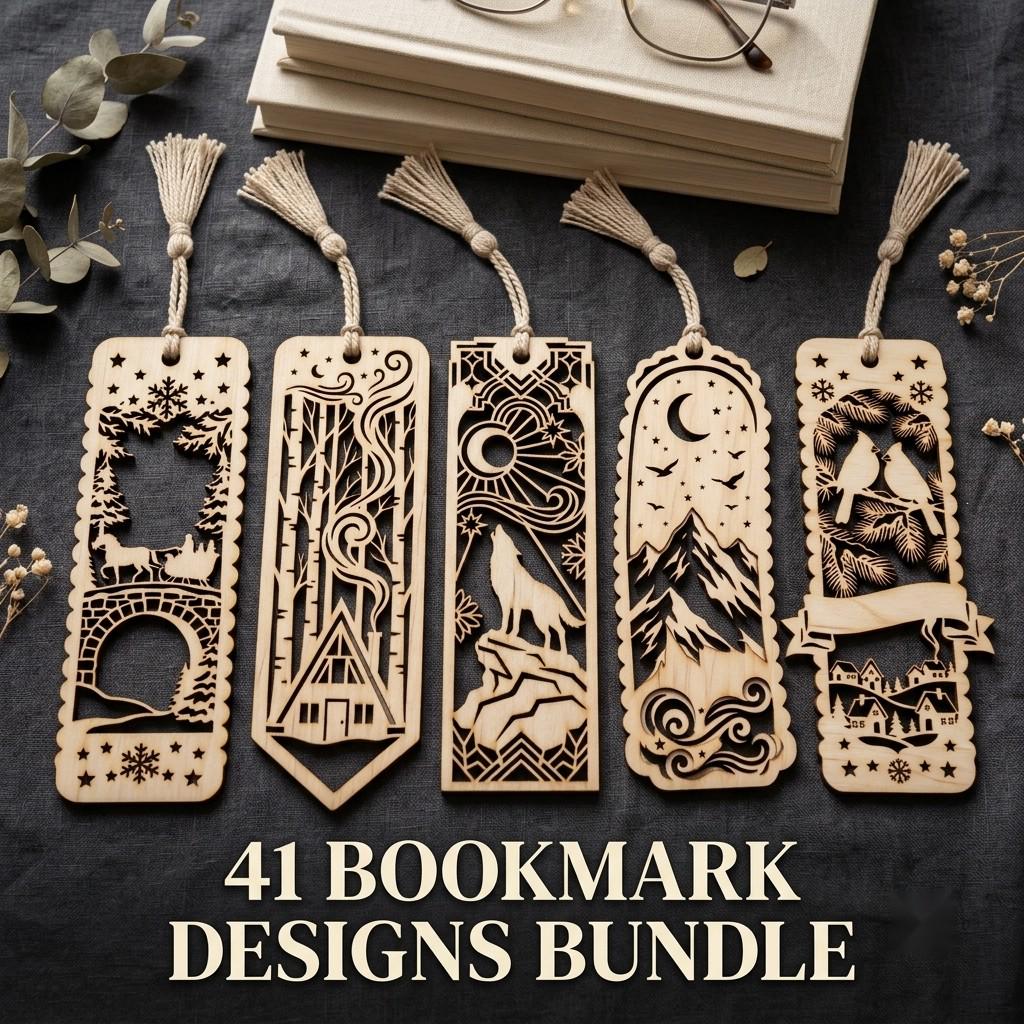 Christmas Forest Bookmark File, Multi Layered Reindeer And Cabin Design